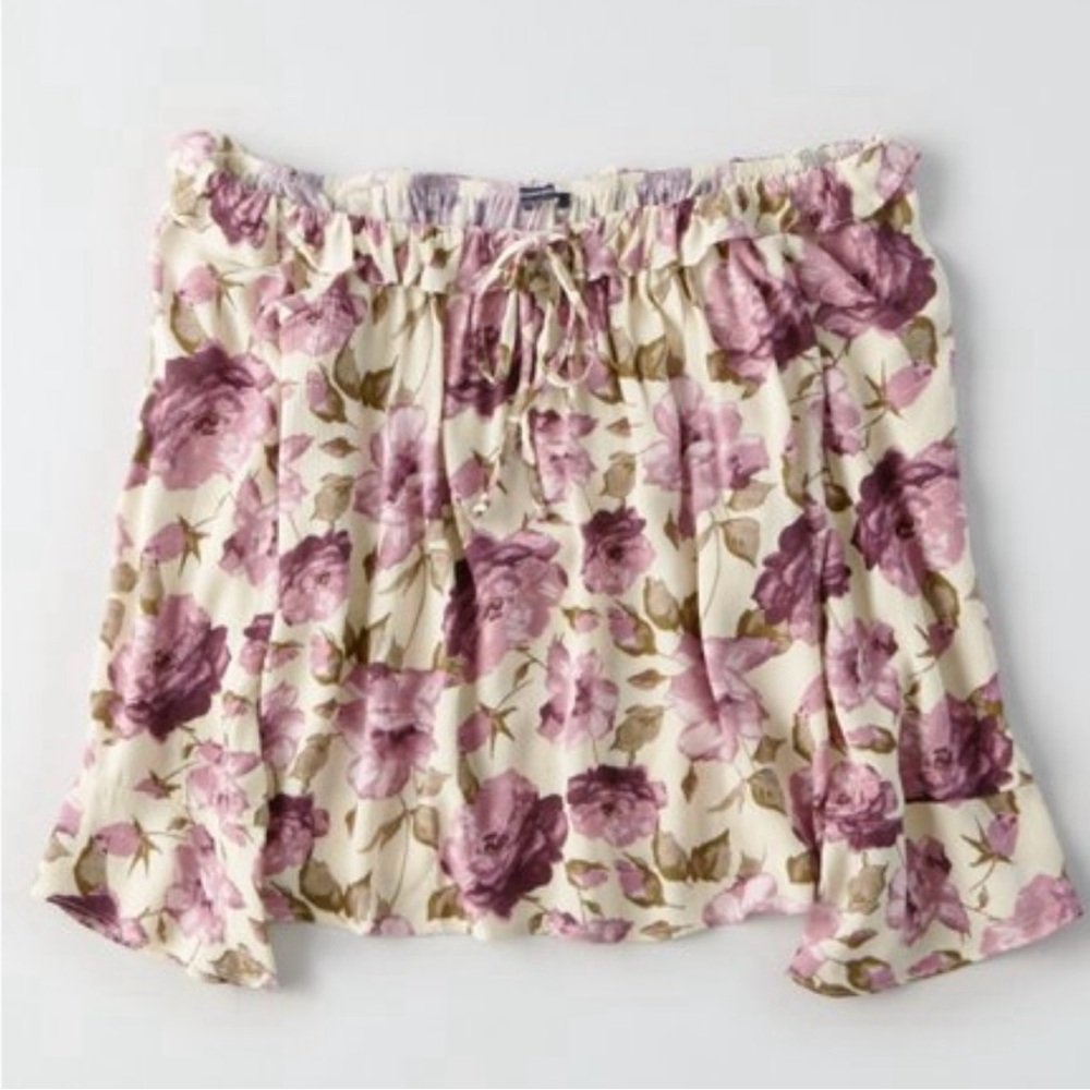 American Eagle Outfitters Floral Flounce Blouse - Cream/Purple/Green Size XL